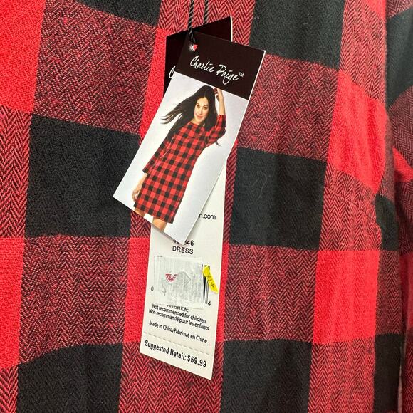 Charlie Paige Size S NWT Dress Red and Black Plaid with Bracelet Sleeves Zipper - Picture 3 of 5